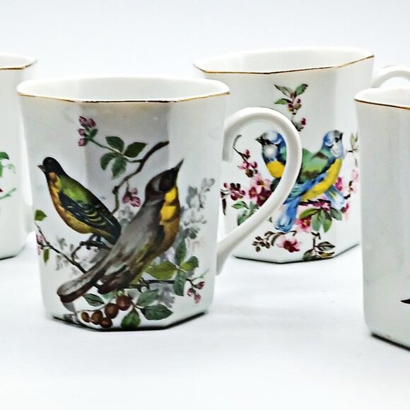 Vintage Porcelain Painted Bird - Flower Coffee & Tea Cups - Picture 1 of 7